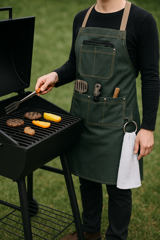 Grillschürze Lederoptik | BBQ Arbeitsschürze mit Taschen | Unisex Kochschürze - PiovaHomeFashion