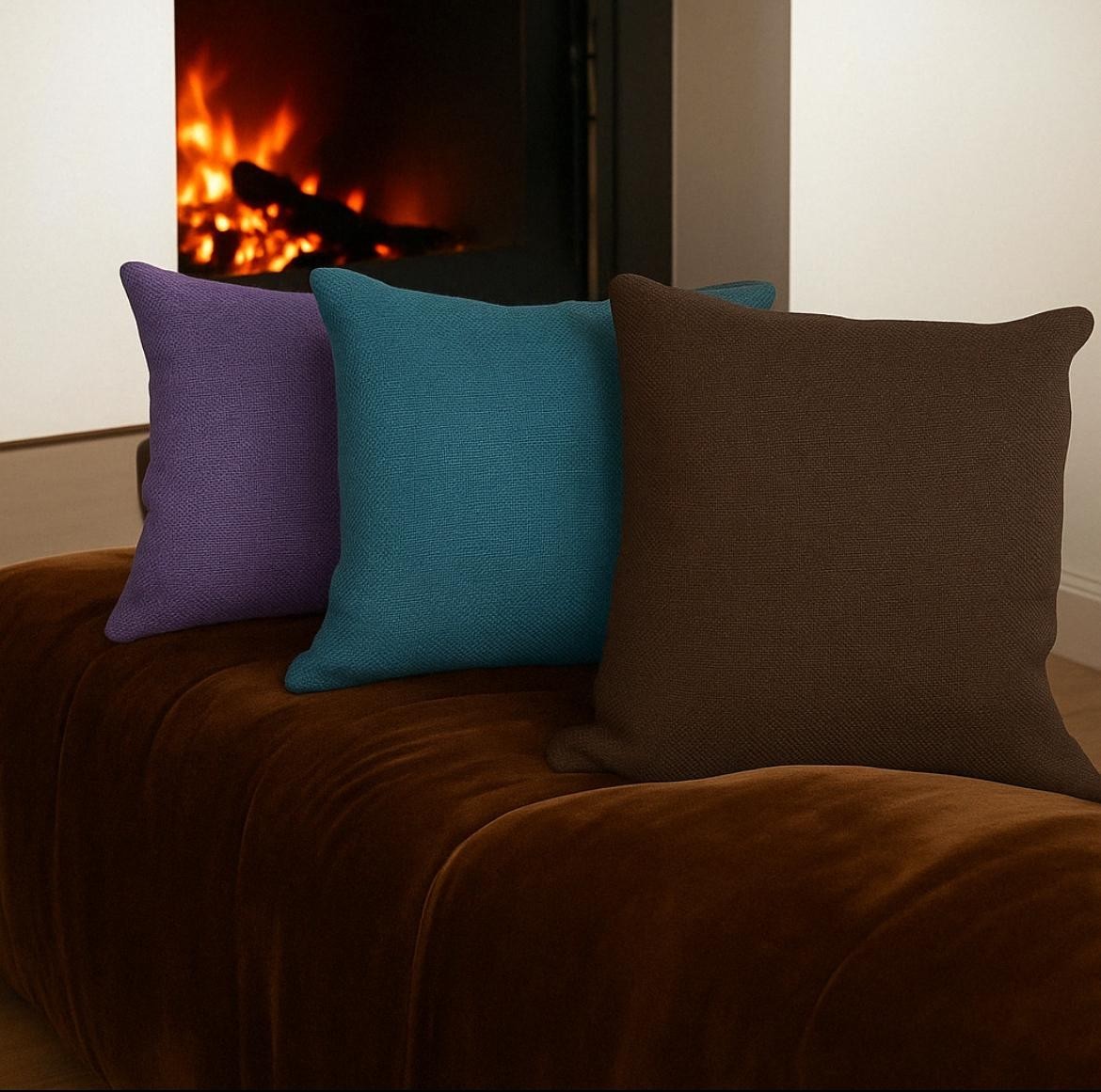 Drei dekorative Kissen in den Farben Lila, Türkis und Dunkelbraun stehen nebeneinander auf einem samtbraunen Sofa vor einem gemütlich brennenden Kaminfeuer in einem modernen Wohnraum.