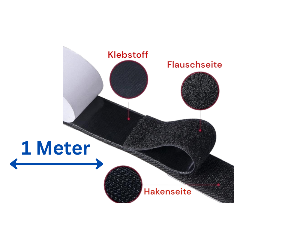 Selbstklebendes schwarzes Klettband mit einer Länge von 1 Meter. Das Bild zeigt die drei Bestandteile des Bands im Detail: die Klebeseite mit abziehbarer Schutzfolie, die weiche Flauschseite und die raue Hakenseite. Die jeweiligen Bereiche sind durch Lupenansichten und Beschriftungen („Klebstoff“, „Flauschseite“, „Hakenseite“) hervorgehoben. Links unten ist die Länge „1 Meter“ mit einem blauen Doppelpfeil markiert.