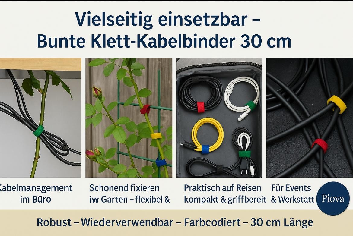 Bild mit vier Anwendungsbeispielen für bunte 30 cm Klett-Kabelbinder: Kabelmanagement im Büro mit grünem Binder, Pflanzenfixierung im Garten mit roten, gelben und blauen Bindern, ordentlich verstaute Kabel auf Reisen mit farblich sortierten Bindern (rot, grün, blau), sowie Kabelorganisation bei Events oder in der Werkstatt mit gelbem und rotem Binder. Text: Vielseitig einsetzbar – Bunte Klett-Kabelbinder 30 cm. Robuste, wiederverwendbare, farbcodierte Ausführung. Marke: Piova.