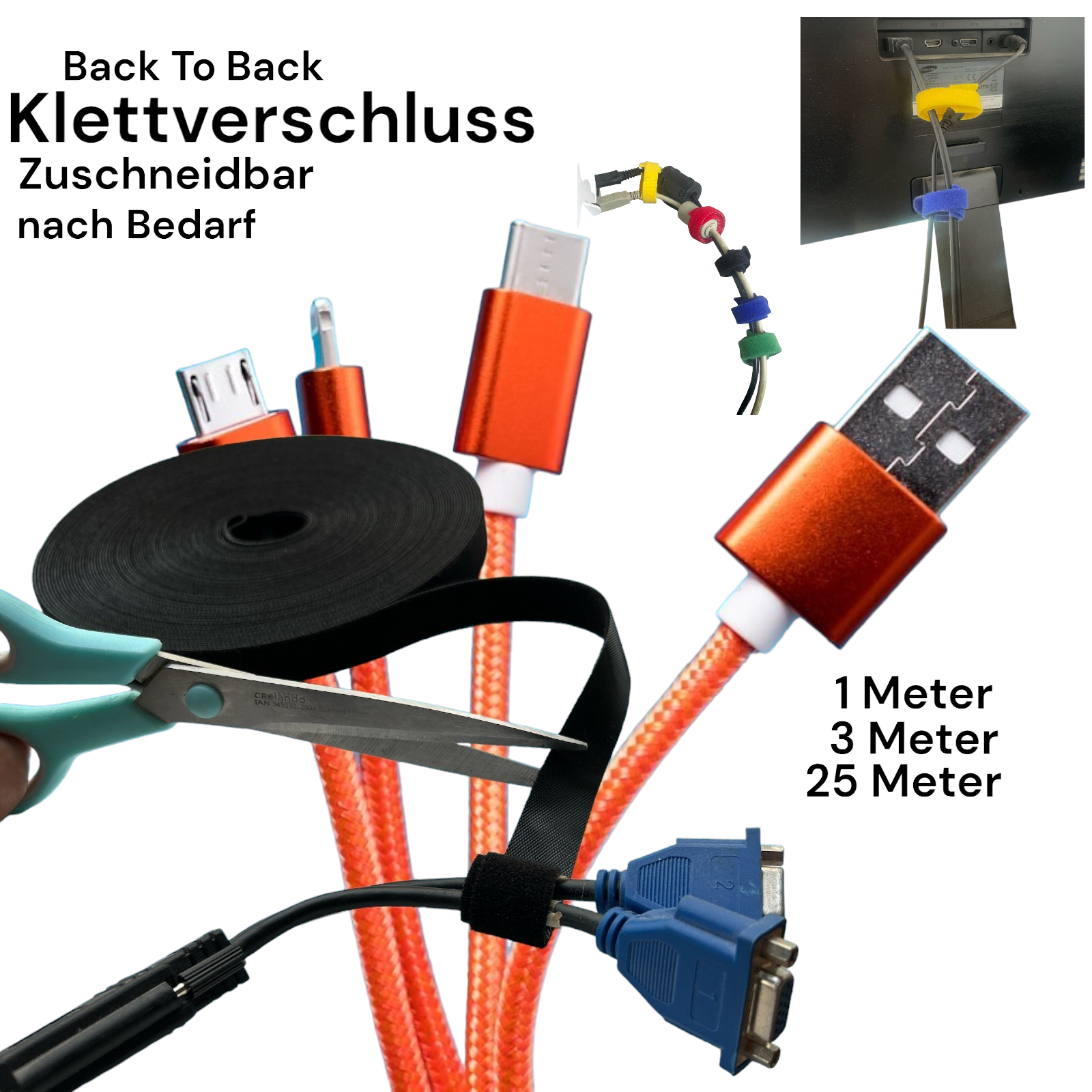 Klettband Kabelbinder 20mm beidseitig - Back to Back -   3m / 6m / 25m Länge