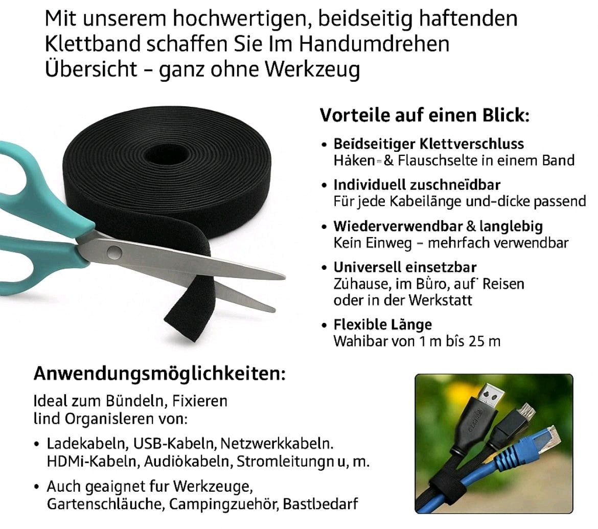 Klettband Kabelbinder 20mm beidseitig - Back to Back -   3m / 6m / 25m Länge