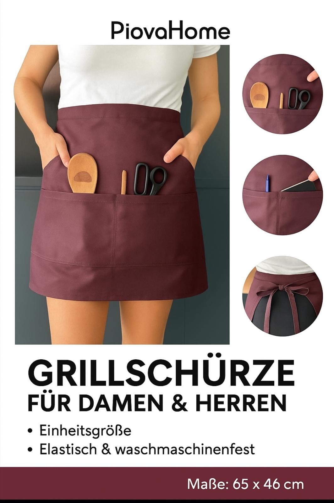 Person trägt eine bordeauxrote Grillschürze von PiovaHome in Hüftlänge mit mehreren praktischen Taschen, befüllt mit Küchenutensilien wie Kochlöffel, Schere und Stift. Drei Detailbilder zeigen Taschenfunktionen und Schleifenbindung hinten. Textinformation: Unisex, Einheitsgröße, elastisch, waschmaschinenfest, Maße 65 x 46 cm.
