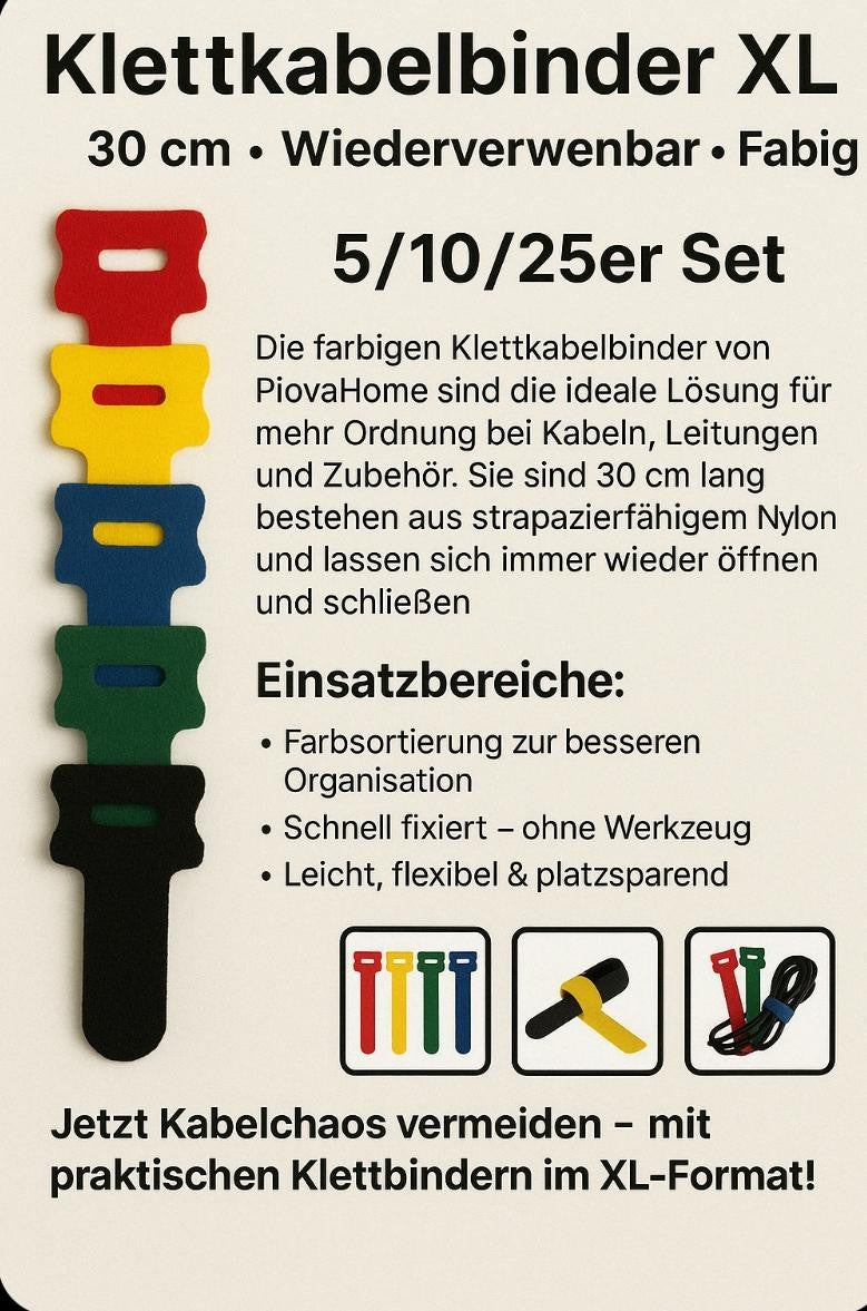 Wiederverwendbarer Klettkabelbinder | 25er Set | 300mm - PiovaHomeFashion