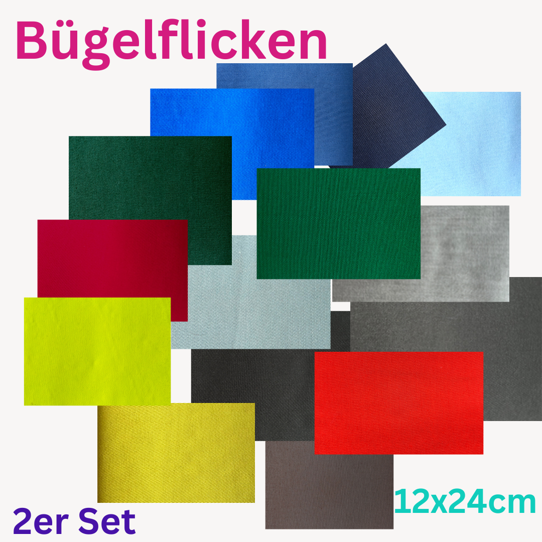 Bunte Bügelflicken in verschiedenen Farben rechteckig angeordnet auf weißem Hintergrund. Oben steht groß „Bügelflicken“ in Pink, unten links „2er Set“ in Lila und unten rechts „12x24cm“ in Türkis. Ideal als Produktübersicht für Textilreparatur.