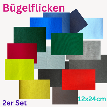 Bunte Bügelflicken in verschiedenen Farben rechteckig angeordnet auf weißem Hintergrund. Oben steht groß „Bügelflicken“ in Pink, unten links „2er Set“ in Lila und unten rechts „12x24cm“ in Türkis. Ideal als Produktübersicht für Textilreparatur.