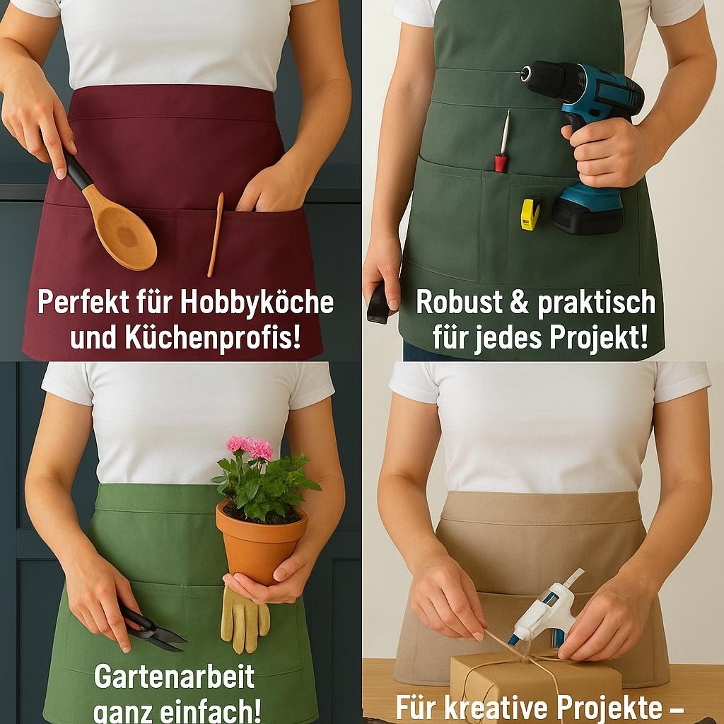 Collage mit vier Bildern von Personen, die farbige Halbschürzen tragen und unterschiedliche Tätigkeiten ausüben: Oben links eine bordeauxrote Schürze mit Kochlöffel – „Perfekt für Hobbyköche und Küchenprofis!“; oben rechts eine dunkelgrüne Schürze mit Werkzeug – „Robust & praktisch für jedes Projekt!“; unten links eine hellgrüne Schürze mit Blumentopf und Gartenschere – „Gartenarbeit ganz einfach!“; unten rechts eine beigefarbene Schürze mit Heißklebepistole – „Für kreative Projekte“.