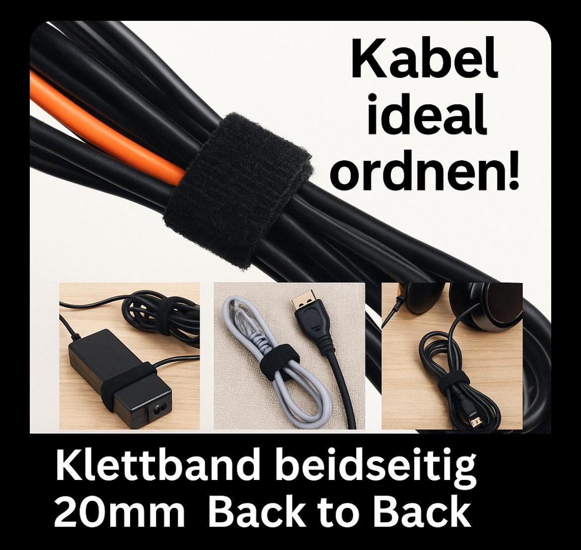 Klettband Kabelbinder 20mm beidseitig - Back to Back -   3m / 6m / 25m Länge