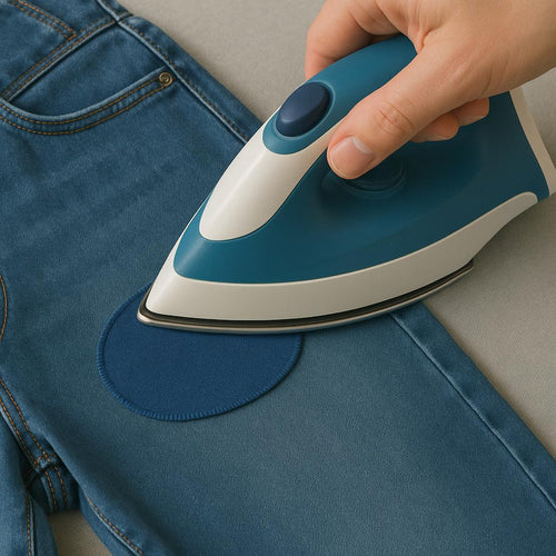 Eine Hand hält ein Bügeleisen über eine blaue Jeans, auf die ein ovaler, dunkelblauer Bügelflicken aufgebügelt wird. Der Flicken ist mittig auf dem Oberschenkelbereich platziert und wird gerade mit dem heißen Bügeleisen fixiert.