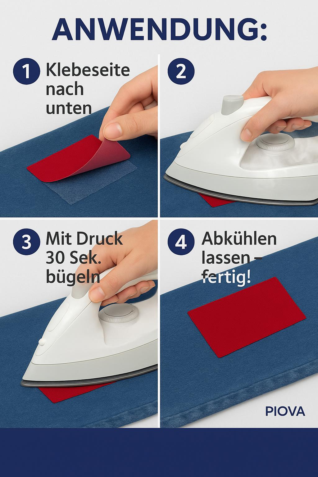 „Vierstufige Anleitung zur Anwendung eines roten Bügelflickens auf Jeansstoff: Flicken positionieren, mit Bügeleisen aufbügeln, mit Druck 30 Sekunden pressen, abkühlen lassen – fertig.“