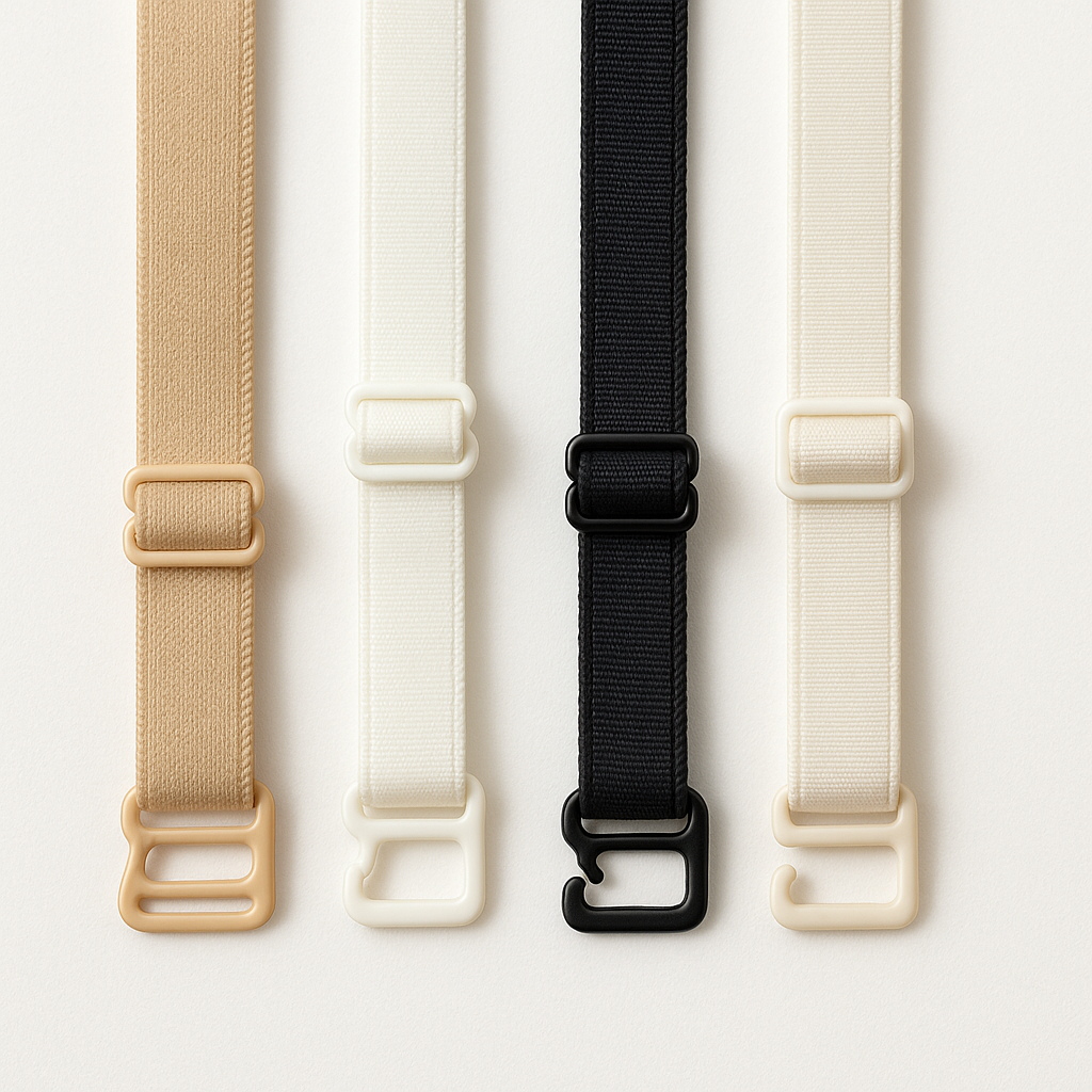 Vier elastische Bänder in verschiedenen Farben (Beige, Weiß, Schwarz, Creme) mit Kunststoffverschlüssen und verstellbaren Schiebern, ordentlich nebeneinander auf hellem Hintergrund angeordnet. Ideal für DIY, Bekleidung oder Accessoires.