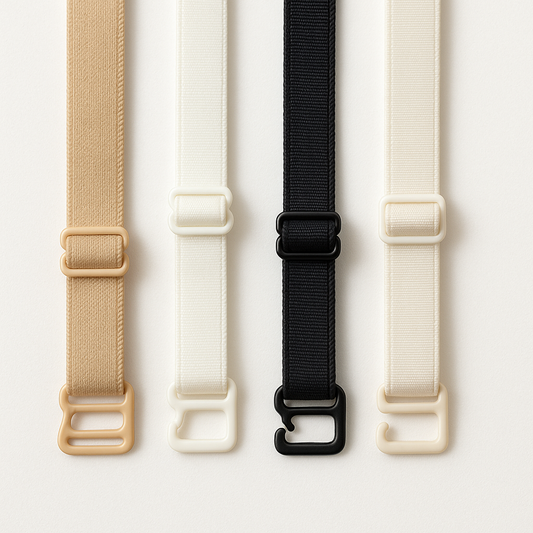 Vier elastische Bänder in verschiedenen Farben (Beige, Weiß, Schwarz, Creme) mit Kunststoffverschlüssen und verstellbaren Schiebern, ordentlich nebeneinander auf hellem Hintergrund angeordnet. Ideal für DIY, Bekleidung oder Accessoires.