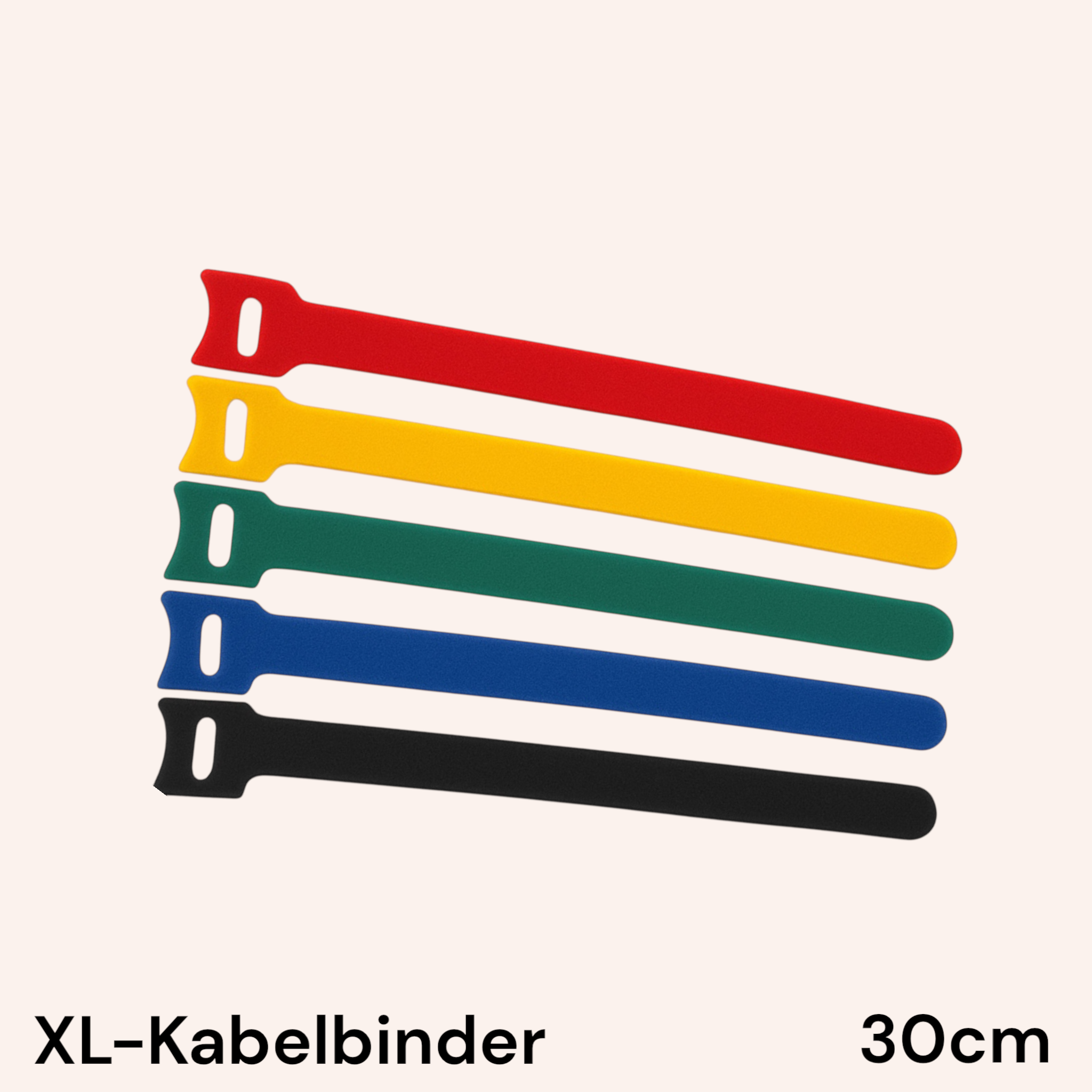 Fünf bunte XL-Klett-Kabelbinder (je 30 cm lang) in den Farben Rot, Gelb, Grün, Blau und Schwarz liegen fächerförmig auf hellem Hintergrund. Unten im Bild steht der Text „XL-Kabelbinder – 30cm“.
