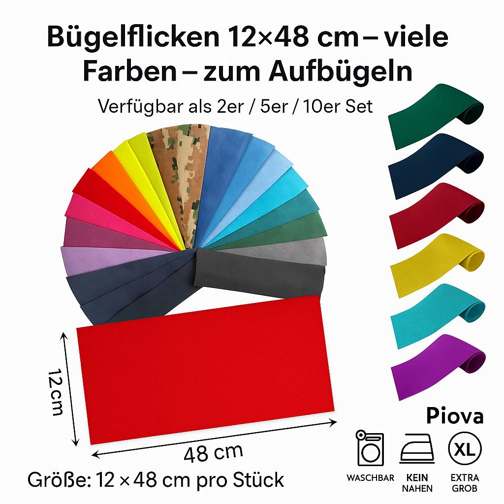 Bügelflicken in der Größe 12×48 cm in vielen verschiedenen Farben, fächerförmig dargestellt. In der Mitte ein roter Flicken mit Maßangabe 48 cm × 12 cm. Rechts daneben Beispielstreifen in Einzelfarben. Beschriftung oben: „Bügelflicken 12×48 cm – viele Farben – zum Aufbügeln“. Erhältlich als 2er, 5er oder 10er Set. Unten rechts Symbole für waschbar, kein Nähen erforderlich und extra grob. Markenname: Piova.